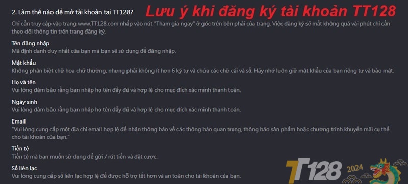 Lưu ý khi đăng ký tài khoản TT128