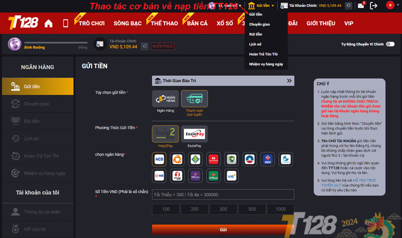 Thao tác cơ bản về nạp tiền TT128