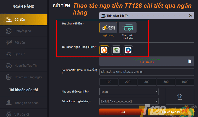 Thao tác nạp tiền TT128 chi tiết qua ngân hàng